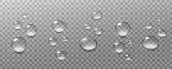 Realistic vector water drops png on a transparent light background. Water condensation on the surface with light reflection and realistic shadow. 3d vector illustration