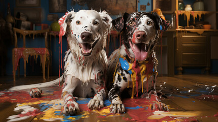 Dogs playing and smiling with color powder exploding in studio setting