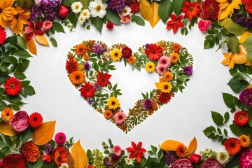 The shape of a heart drawn with a multitude of leaves and colorful flowers on a white background - Valentine's Day - Lovers' Day