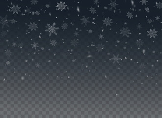 Christmas background with small falling snowflakes. Snow storm effect, blurred, cold wind with snow png. Holiday powder snow for cards, invitations, banners, advertising.	
