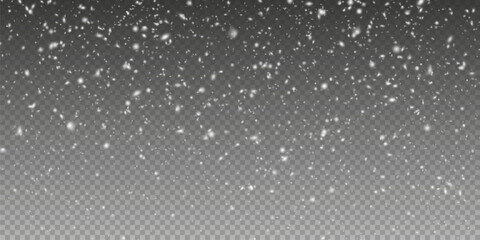 Christmas background with small falling snowflakes. Snow storm effect, blurred, cold wind with snow png. Holiday powder snow for cards, invitations, banners, advertising.