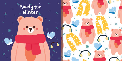 cute set of animal wallpaper and card. seamless pattern cartoon bear wearing scarf. cute animal wallpaper with snowflakes illustration for gift wrap paper, winter wallpaper