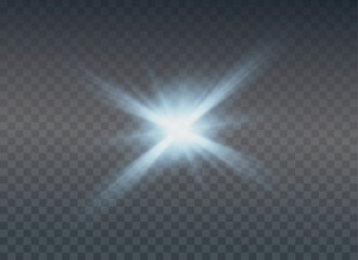 Set of realistic vector blue stars png. Set of vector suns png. White flares with highlights.	