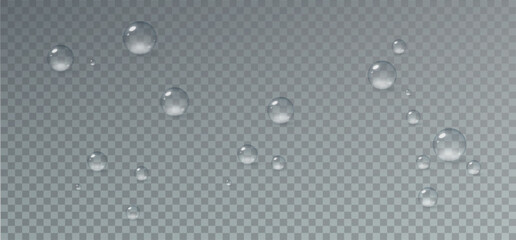 Realistic vector water drops png on a transparent light background.
Water condensation on the surface with light reflection and realistic shadow.
3d vector illustration