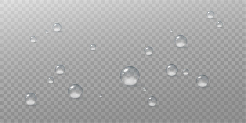 Realistic vector water drops png on a transparent light background.
Water condensation on the surface with light reflection and realistic shadow.
3d vector illustration