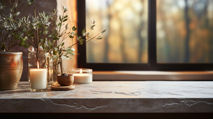 Marble bathroom interior with window natural materials in warm earthy tones. Body care products towel potted green plants