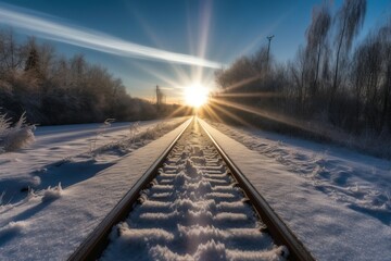 Sunrise light view of snowy train track. Morning winter view of train railway in winter season. Generate ai