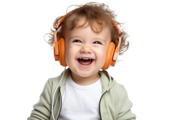 Cute happy kid deriving pleasure from beats and rhythm through headphones, cut out