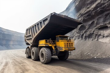 Coal mine with large yellow truck. Generative AI