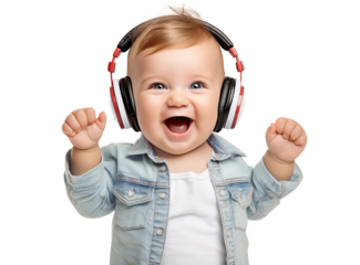 Cute happy kid deriving pleasure from beats and rhythm through headphones, cut out