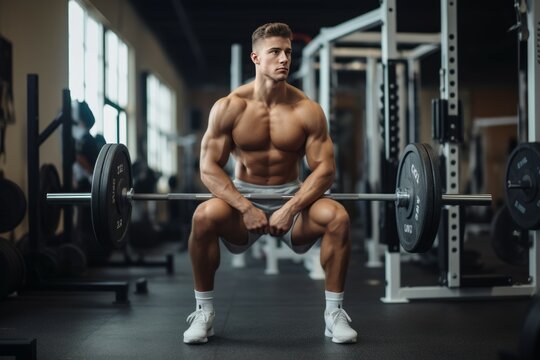 Sport young man training legs in gym. Strong fit athlete with barbell exercise. Generate Ai
