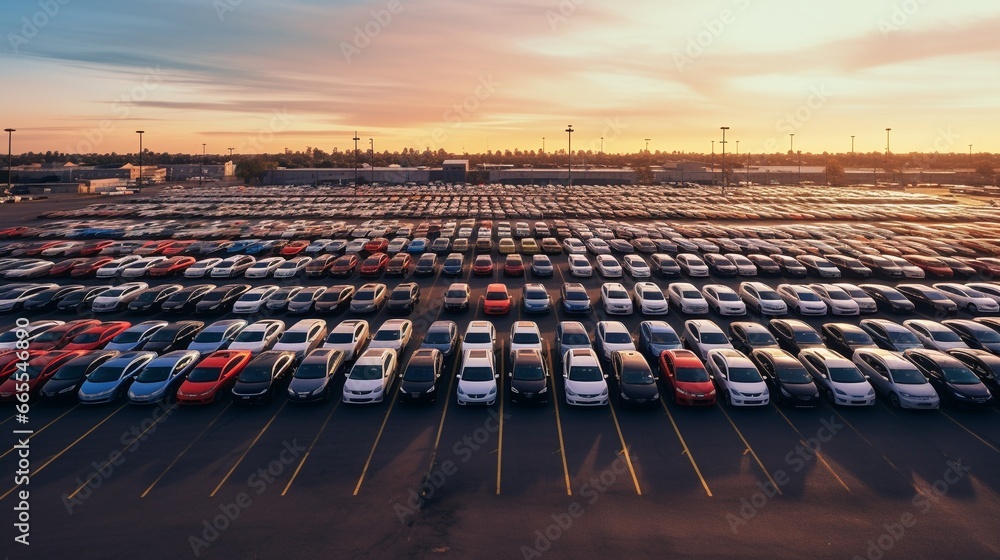 Wall mural aerial shot of a massive parking lot filled with cars - Wall murals