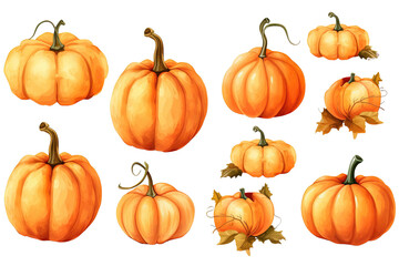 Set of watercolor Halloween pumpkin decorations, Halloween and Thanksgiving illustration art isolated on white or transparent background, PNG