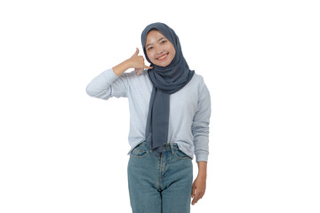 Young Asian Hijab Woman with Calling Pose Isolated