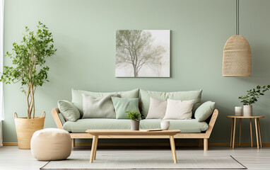 Interior Design Background ,Scandinavian, mid - century home interior design of modern living room in farmhouse. Sofa with mint pillows and wooden side tables, artwork graphic design illustration