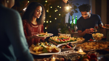 Multicultural friends preparing a multicultural holiday feast,  with dishes that represent diverse culinary traditions