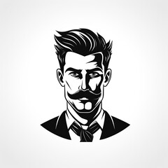 logo with face of a man with a mustache in a suit and tie on a white isolated background. An emblem for a stylish fashionable men's store or clothing brand