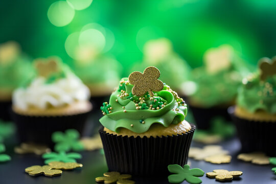 St Patricks Day themed shamrock leaves cupcakes on a green bokeh background