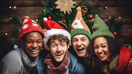 Millennials from various cultures creating a festive holiday photo booth with props and costumes for fun and memorable snapshots - obrazy, fototapety, plakaty