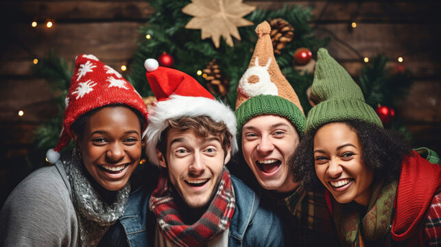 Millennials from various cultures creating a festive holiday photo booth with props and costumes for fun and memorable snapshots