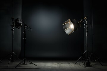 Studio lighting room isolated on black background. Photo film sport ready stage. Generate Ai - obrazy, fototapety, plakaty