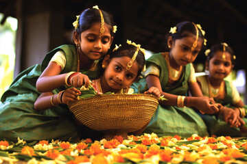 Onam festival. Culture and traditions of India. Lammas. Little Indian girls at Onam festival. - obrazy, fototapety, plakaty