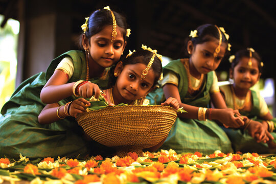 Onam festival. Culture and traditions of India. Lammas. Little Indian girls at Onam festival.