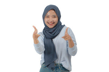 Young Asian Woman in Hijab with Hands Pointing Forward