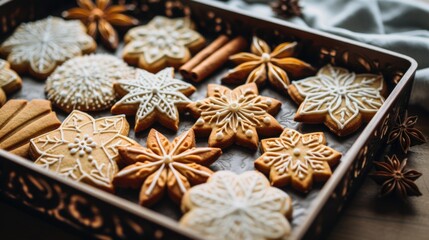 Christmas freshly baked gingerbread cookies on a tray decorated with festive icing. Holiday homemade sweets. 