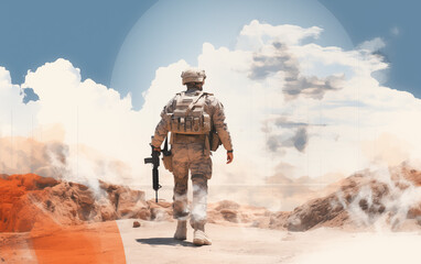 The double exposure image of american soldier and desert on white background - obrazy, fototapety, plakaty