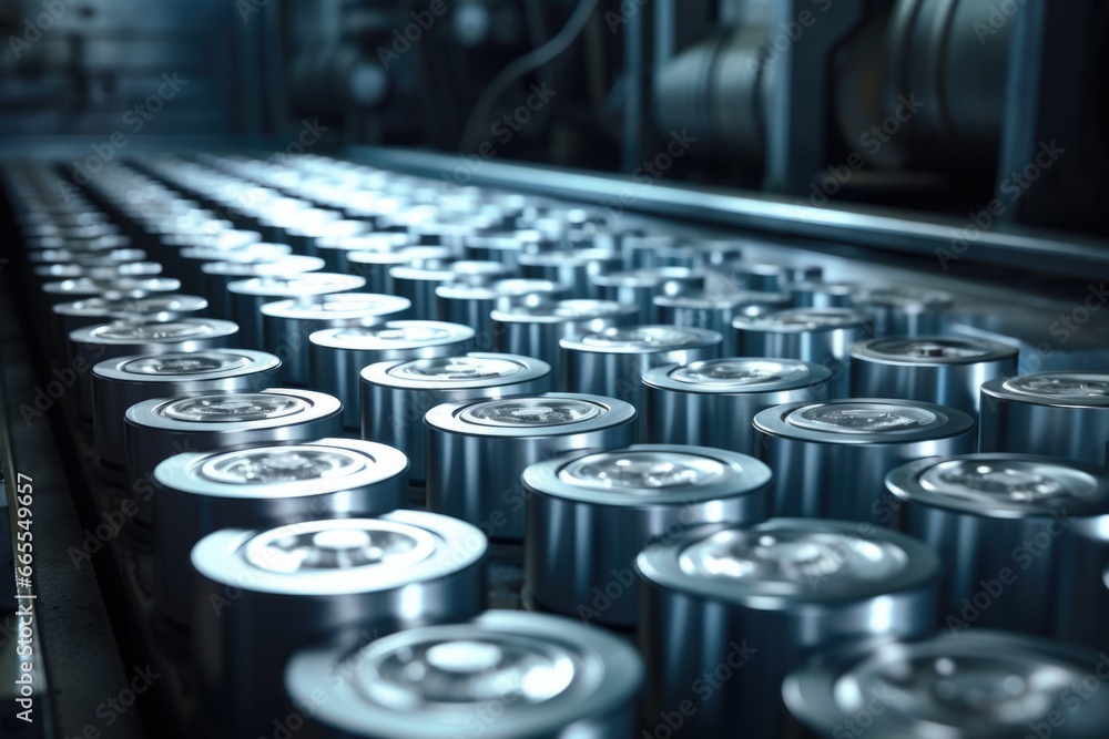 Aufkleber a close-up view of a bunch of cans on a conveyor belt. this image can be used to represent productio