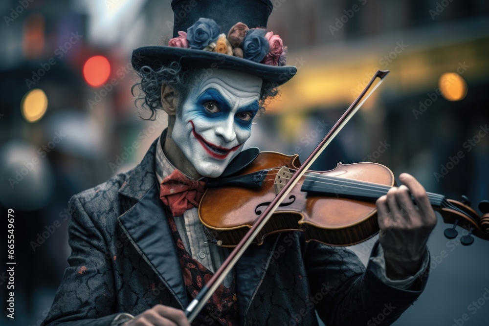 Poster a man dressed as a clown playing a violin. this image can be used to add a touch of whimsy and enter
