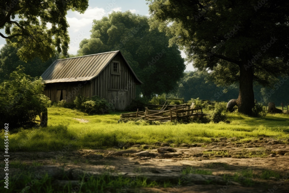 Poster a picture of a barn located in the middle of a beautiful grassy field. this image can be used to dep