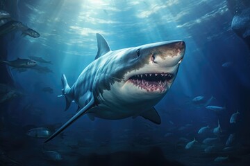 Fototapeta premium A shark with its mouth open swimming in the ocean. This image can be used to depict the power and danger of marine life.