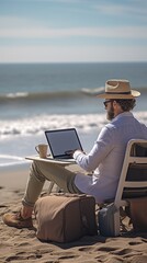 A person surrounded by lush greenery, using a laptop in a vibrant beach