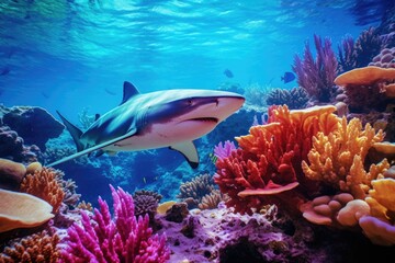 A vibrant coral reef teeming with marine life, including a shark swimming gracefully through the colorful coral. Perfect for underwater and marine-themed designs.