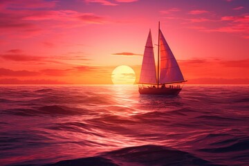 A sailboat peacefully sailing in the middle of the ocean during a beautiful sunset. Perfect for travel and adventure themes.