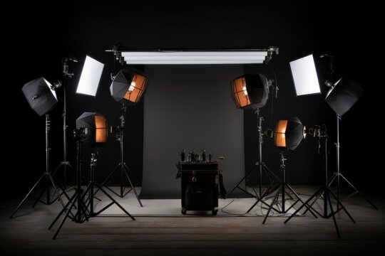 Studio lighting room isolated on black photo stand. Illuminated lamp spotlight movie object. Generate Ai