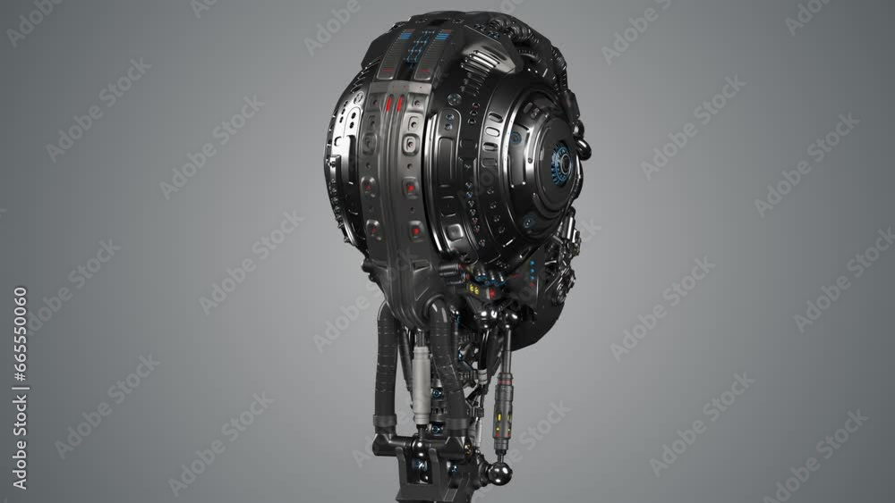 Poster turntable 360 degree animation of futuristic robot head or very detailed humanoid cyborg face. 3d re