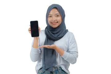 Young Asian woman in hijab holding mobile phone