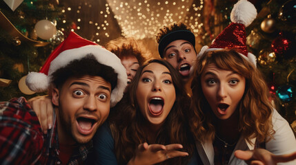Millennials from various cultures creating a festive holiday photo booth with props and costumes for fun memories