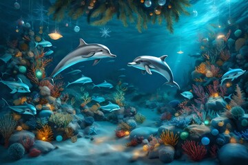 Fototapeta na wymiar a festive underwater scene with dolphins and fish decorating a coral reef with bioluminescent ornaments and seaweed wreaths