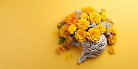 Flowers Decor Yellow ,Bouquet of yellow and blue flowers on a yellow background ,Marigold petal yellow flowers arrangement owl bird ,generative ai




