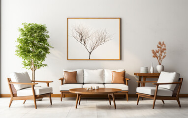 modern living room with sofa , Mid - century interior design of modern living room with white sofa and wooden chairs, Contemporary Interior Design Background, Living Room.