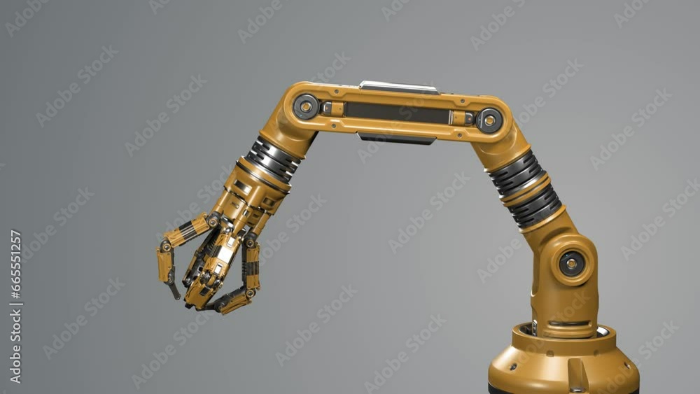 Poster robotic arm. yellow mechanical hand. industrial robot manipulator. futuristic industrial technology.