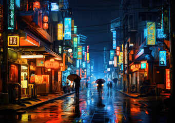 Neon Nocturne: A Japanese Night Streets Art Poster, Capturing the Luminous Veins of Urban Twilight Veiled in Neon Mystique, Crafted by Generative AI