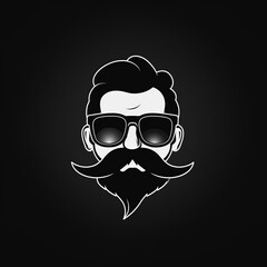 logo with head face of man with a beard and mustache in sunglasses on a black background. Emblem for a men's barbershop salon or a brand shope