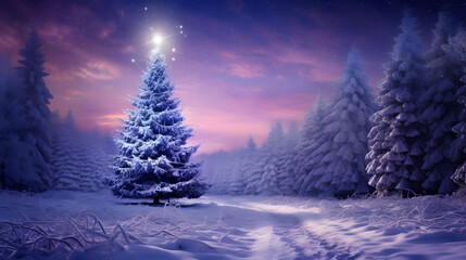 Winter snowy illustrated landscape with a big Christmas tree. New Year's night. Festive atmosphere on the mountain.
