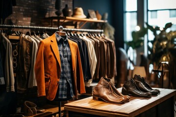 Naklejka premium Stylish clothes at menswear store with shoes on wooden table. Party fashion new wear. Generate Ai