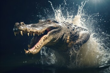 An image of a large alligator with its mouth open, splashing water. This picture can be used to depict wildlife, nature, or even danger in a swamp or wetland setting